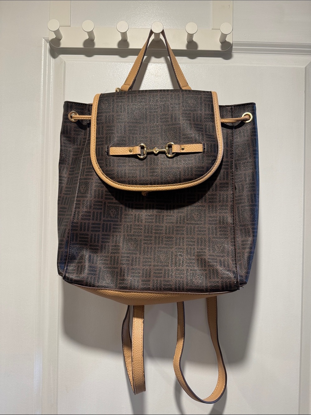 Anne Klein Brown Monogram Backpack with Tan Leather Straps and Gold Hardware